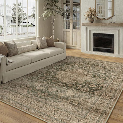 5x7 Washable Vintage Area Rug Green Brown Living Room Bedroom Carpet Non-Slip Soft Low Pile Distressed Indoor Throw Rug for Dining Room Entryway Office