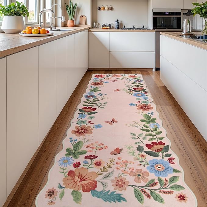 Lahome Floral Kitchen Runner, 2X6 Washable Runner Rug Non-Slip, Ultra-Thin Soft Hallway Rug Stain Resistant Boho Carpet for ‎Bedroom Laundry Bathroom, Light Pink