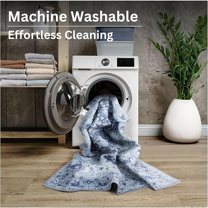 Bloom Rugs Washable Non-Slip 6' x 9' Rug - Gray/Blue Traditional Medallion Area Rug for Living Room, Bedroom, Dining Room, and Kitchen - Exact Size: 6' x 9'