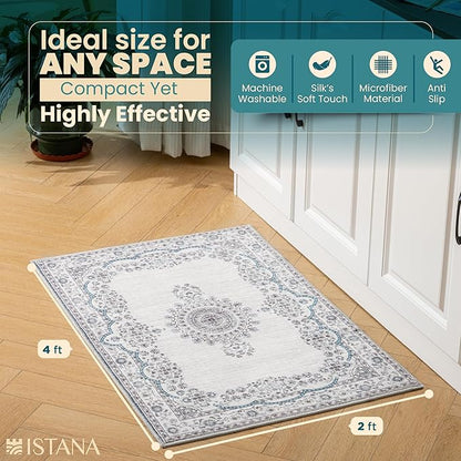 Istana Area Rug 2x4 - White Cream & Blue 2x4 Washable Rug Non Slip - Pet Friendly Living Room Rug - Non Shedding Washable Rugs for Bedroom - Foldable Bathroom Rugs
