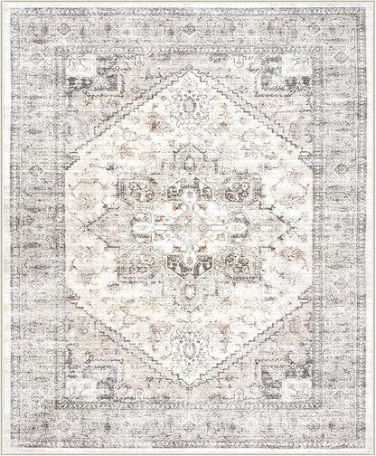 LIVEBOX Washable Area Rug 8x10 - Large Taupe Vintage Tribal Living Room Rug Oriental for Bedroom, Non-Slip Retro Medallion Carpet Print Distressed for Dining Room Guest Office
