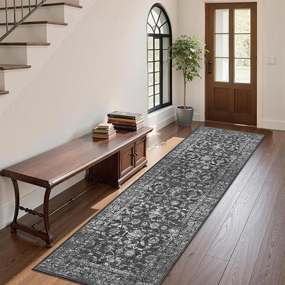 Washable Area Rug 2x6 Black Runner Rugs for Living Room, Vintage Boho Hallway Large Rug for Bedroom Dining Room Office, Distressed Floral Carpet for Under Table, Soft Non Slip Low Pile Throw Carpet