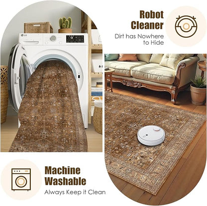 Washable Area Rug 3' x 5 ' Vintage Traditional Persian Mat - Foldable Distressed Non-Slip Machine Washable Carpet for Living Room Bedroom Kitchen Home Decor - Bronze and Ivory