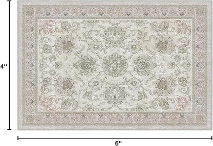 Phantoscope Washable Area Rug 4'x6' Non-Slip, Vintage Neutral Rugs for Living Room, Bedroom, Dining Room, Distressed Boho Floral Medallion Pattern, Low-Pile Foldable Floor Carpet, Cream Beige/Neutral