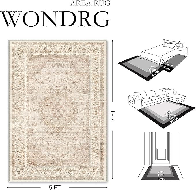 2x5 Beige Washable Vintage Area Rug for Living Room Bedroom Soft Tranditional Non Slip Runner Rug Lightweight Floral Low Pile Distressed Carpet Hallway Kitchen Bedroom Entrance