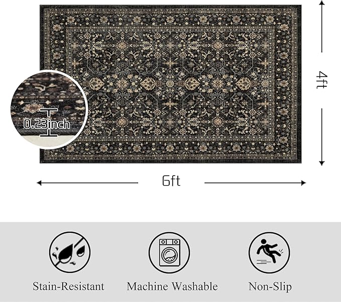 Area Rug Non Slip Machine Washable Ultra Soft Living Room/Bedroom/Kitchen/Outdoor/Classroom Black Grey, 4'×6'