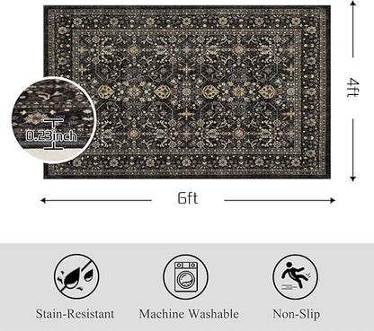 Area Rug Non Slip Machine Washable Ultra Soft Living Room/Bedroom/Kitchen/Outdoor/Classroom Black Grey, 4'×6'