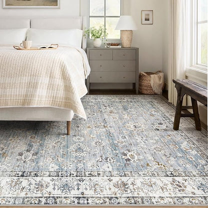 Area Rug 6x9 Living Room Rug, Machine Washable Vintage Distressed Boho Area Rug Non-Slip Soft Low Pile Large Indoor Rugs for Bedroom Kitchen Dining Room Office(Light Blue,6'x9')