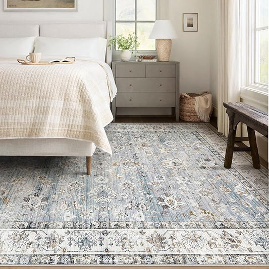 Area Rug 5x7 Living Room Rug, Machine Washable Vintage Distressed Boho Area Rug Non-Slip Soft Low Pile Large Indoor Rugs for Bedroom Kitchen Dining Room Office(Light Blue,5'x7')
