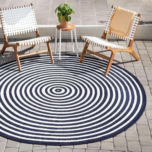 Unique Loom Sabrina Soto Outdoor Collection Geometric, Modern, Vibrant, Carved Area Rug (8' 0 x 8' 0 Round, Navy Blue/ Ivory)