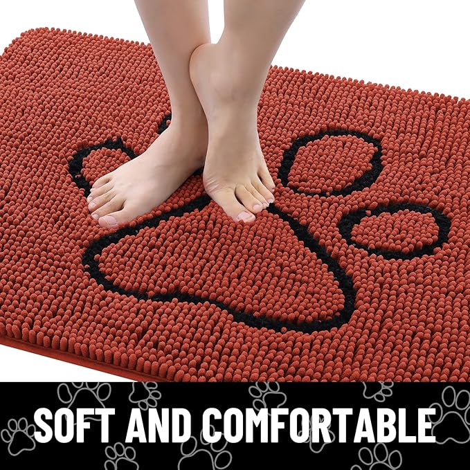 Smiry Dog Door Mat for Muddy Paws, Absorbent Dirt Trapper Non Slip Quick Dry Washable Chenille Mat for Mud Dogs, Entry Rug for Indoor and Outdoor (36x24 Inches, Maple Red and Black)