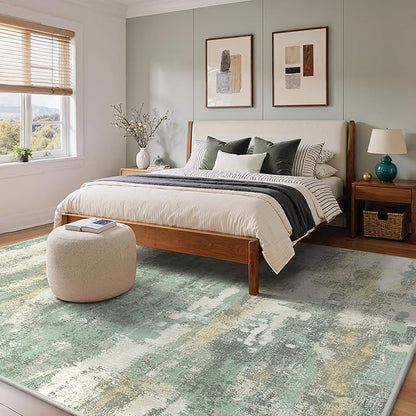 GENIMO Abstract Area Rug 9x12, Washable Large Modern Rug Non Slip, Low Pile Lightweight Soft Carpet for Living Room, Bedroom, Dining Room, Light Green
