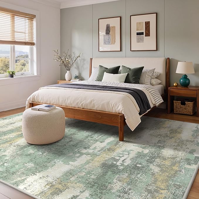 8x10 Area Rugs Washable Green Rug for Living Room Bedroom, Abstract Modern Large Rug Non Slip, Water Repellent Low Pile Soft Carpet for Dining Room, Light Green