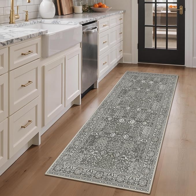Bavni 2'6''x6 Rug Runners for Hallways, Washable Runner Rug Non Slip, Vintage Floral Print Style Rugs for Bedroom-Lightweight Low Pile Carpet for Hallways Bathroom, Gery