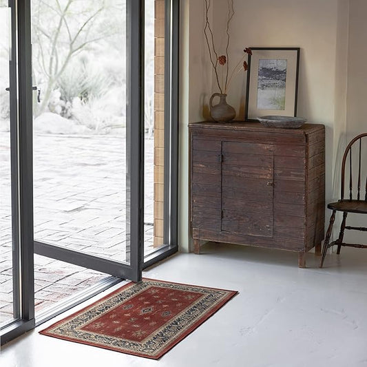 RUGGABLE Washable Vintage Area Rug – Verena Amber Red 2x3, Stain-Resistant, Non-Slip – Small Machine Washable Rugs for Living Room, Bedroom, Hallway, Entryway & Bathroom–with Standard Pad