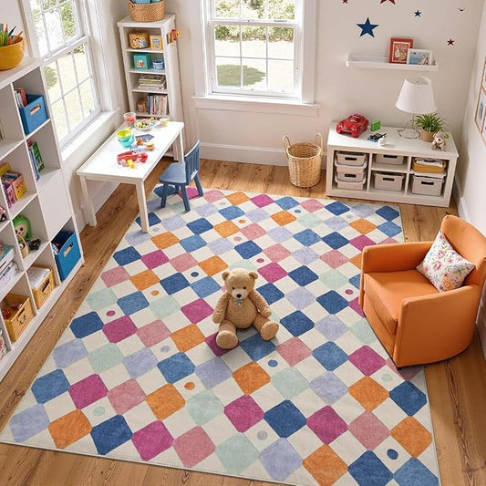 jinchan Macy Area Rug 8x10 Kids Washable Rug Indoor Floor Cover Non Slip Modern Soft Rug Playroom Diamond Carpet for Elementary School Classroom Nursery Daycare Living Room Bedroom Berries on Cream