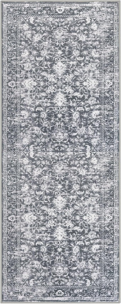 KILOCOCO Hallway Runner 2x6 Rug Runner Printed Vintage Floral Washable Kitchen Runners Non-Slip Rubber Backed Runners for Hallways Laundry Room Distressed Boho Rugs for Entryway Bedroom, Grey