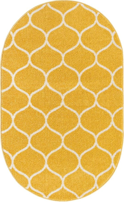 Rugs.com Lattice Frieze Collection Rug – 3' 3 x 5' 3 Oval Yellow Medium Rug Perfect for Living Rooms, Large Dining Rooms, Open Floorplans