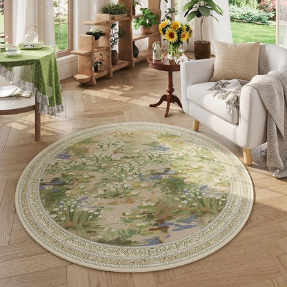 Rugcomf Circle Rug Impressionist-Style Vintage Round Rug 4ft Non Slip Low Pile Small Circular Rug for Bedroom Bathroom Entryway Kids Room Office College Dorm, Beige
