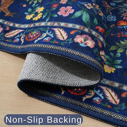 Rugcomf Area Rug 4x6 Rug Washable Rugs Floral Non Slip Low Pile Small Carpet for Bedroom, Bedside, Kids Room, Office, Dining Room(Blue)