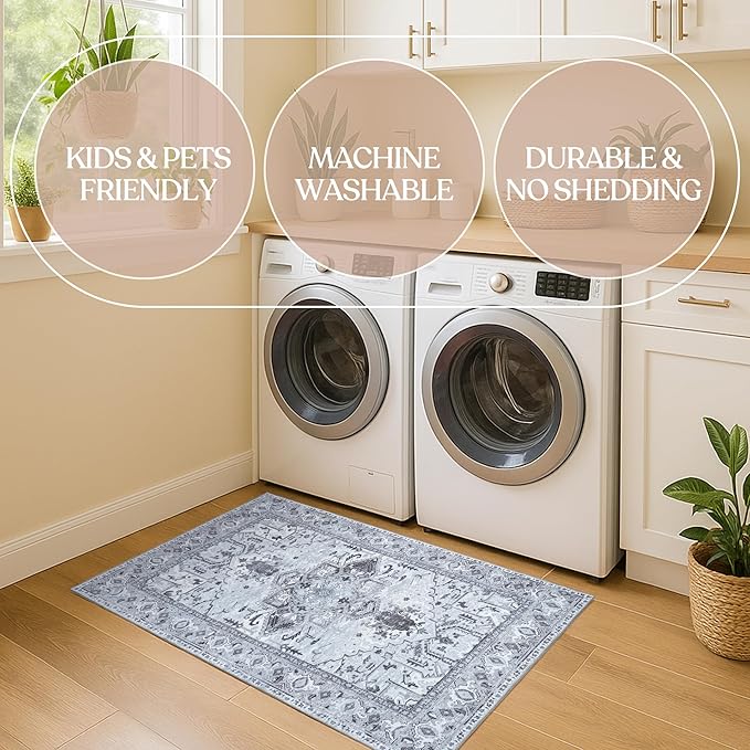 Washable Area Rug. Modern Farmhouse. Vintage. Turkish. Bohemian. Distressed. Oriental. Traditional. Rugs for Living Room. Dining. Bedroom. Office. Entryway. Foyer. (861GG, 9'5" x 14')