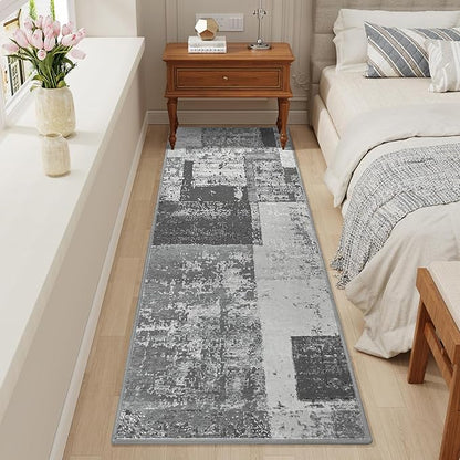 LOCHAS Washable Runner Rugs for Hallway, 2x6 Non Sip Soft Rug for Bedroom Entryway Kitchen Laundry Room, Long Abstract Carpet for Indoor Floor Bedside, Grey Geometric Vintage Decor, Pet & kid Friendly