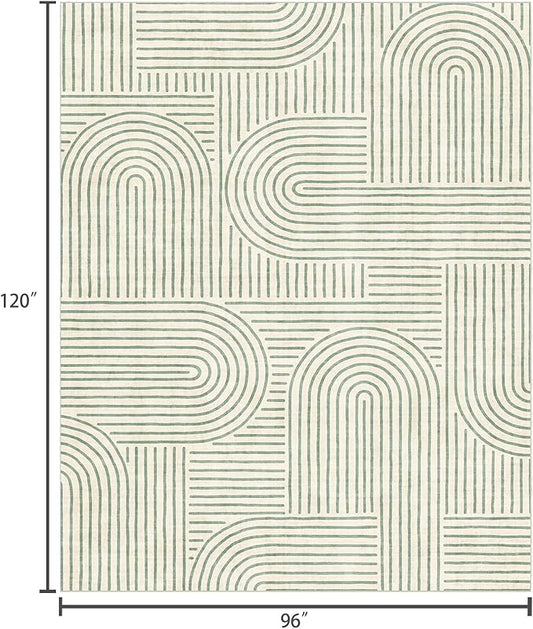 Washable Area Rug 8x10 - Large Sage Green Boho Rugs for Living Room Soft Abstract Bedroom Rug Ultra-Thin Modern Rainbow Carpet Rug for Dining Room Nursery Room Home Decor