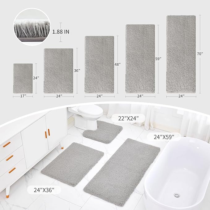 Gray Bathroom Rug 24x48 Non Slip Fluffy Bath Mat for Bathroom Floor Washable Plush Luxury Bath Rug for Tub Soft Shaggy Absorbent Shower Sink Mat