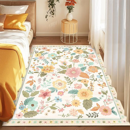 Floral 5x7 Area Rug Machine Washable Soft Print Boho Carpet Non Slip Doormat Low Pile Flower Area Rugs for Living Room Bedroom Nursery Kitchen Dining Room Indoor-Beige/White/Orange