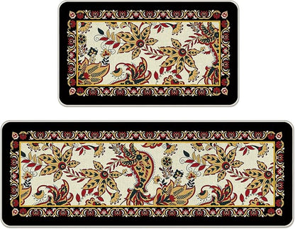 Vintage Floral Kitchen Rugs Set of 2, Traditional Ethnic Paisley Flowers Floor Mats Home Decor, Retro Ornate Door Mat Decorations - 17x29 and 17x47 Inches
