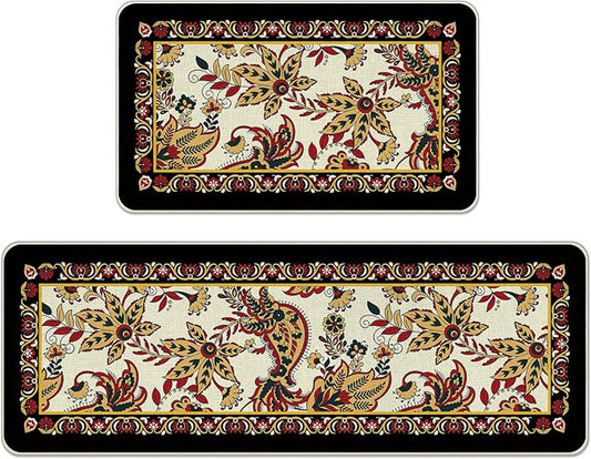 Vintage Floral Kitchen Rugs Set of 2, Traditional Ethnic Paisley Flowers Floor Mats Home Decor, Retro Ornate Door Mat Decorations - 17x29 and 17x47 Inches