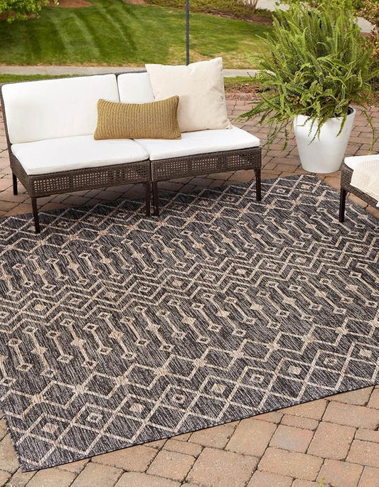 Unique Loom Outdoor Trellis Collection Area Rug - Tribal Trellis (10' 8" Square, Charcoal Gray/ Natural)
