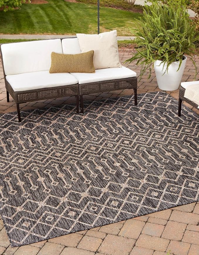 Unique Loom Outdoor Trellis Collection Area Rug - Tribal Trellis (13' Square, Charcoal Gray/ Natural)