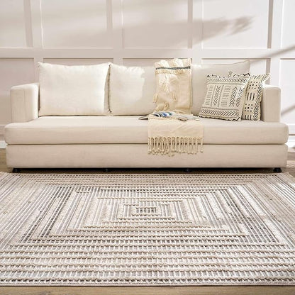 Hauteloom Lunao Living Room, Bedroom Area Rug - Farmhouse - Charcoal,Cream,Peach - 8'10" x 12'