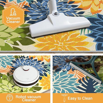 3x5 Washable Rug for Living Room Tropical Botanical Modern Floral Chenille Area Rugs Low Pile Non Slip Carpet for Patio, Bedroom, Laundry, Green