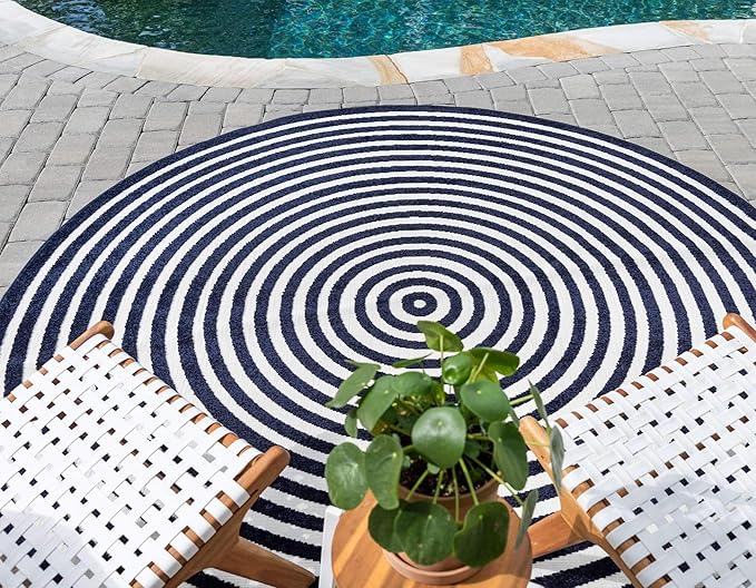 Unique Loom Sabrina Soto Outdoor Collection Geometric, Modern, Vibrant, Carved Area Rug (8' 0 x 8' 0 Round, Navy Blue/ Ivory)
