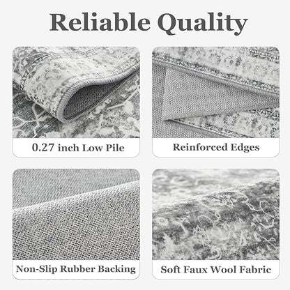 Grey Entryway Rug Indoor, 2x3 Small Door Rugs for Entry Way/Kitchen/Bathroom, Washable Non Slip Low Pile Thin Door Mat Indoor Entrance, Vintage Neutral Gray and Ivory Rug with Decorative Fringe