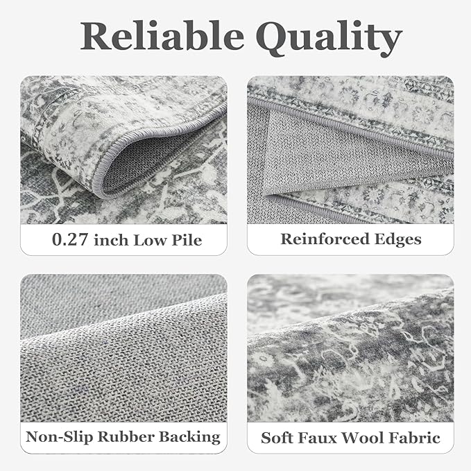 Grey Vintage 3x5 Entryway Rug Indoor Foyer, Neutral Gray Throw Rug for Kitchen Bathroom, Machine Washable Non Slip Thin Area Rug for Nursery/Bedroom Bedside/Home Office/Dorm