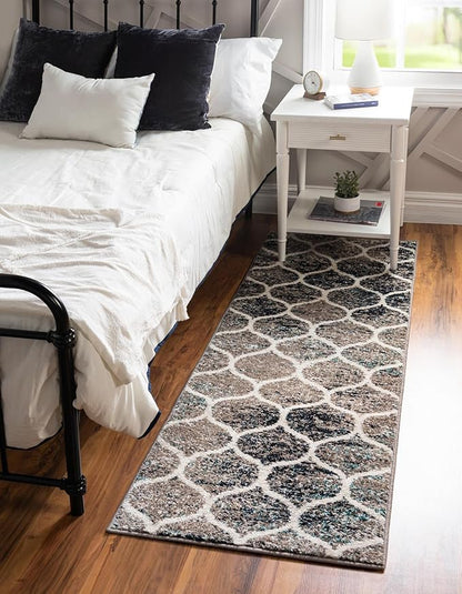 Rugs.com Lattice Frieze Collection Rug – 2' x 6' Runner Blue Multi Medium Rug Perfect for Living Rooms, Large Dining Rooms, Open Floorplans