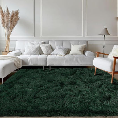 Zentavio Emerald Green Rugs for Bedroom 4x6 Dark Green Area Rugs for Living Room Fluffy Fake Grass Carpet for Kids Room Playroom Furry Shag Aesthetic Soft High Pile Washable Home Decor