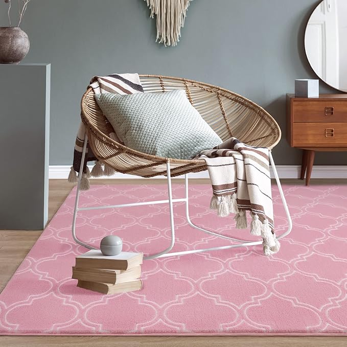 Amearea Fluffy Indoor Trellis Rug, Soft Moroccan Home Rugs for Bedroom, Shag Modern Area Rug for Living Room Kids Room Nursery, Easy Clean, Home Decor Low Pile Carpet, Pink 4x6 Feet
