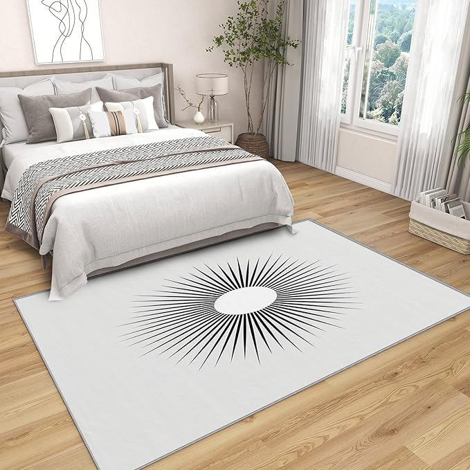 Mid Century Rugs for Living Room - 5x7 Area Rugs, Minimalist Sun Rug, Black and White Rug for Living Room, Modern Abstract Washable Bedroom Carpet, Optical Illusion Home Decor & Gifts