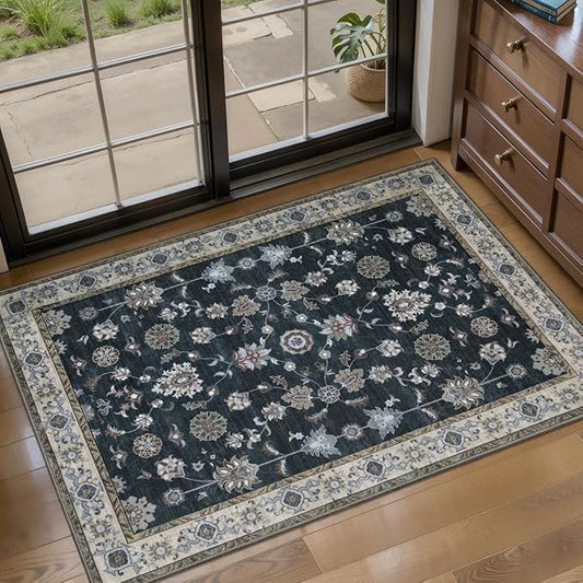 Tangsoo Vintage Floral Black 2x3 Washable Rugs for Entryway, Small Area Non-Slip Vintage Rug for Front Door, Brown Accent Rug Doormat, Soft Low Pile Rugs for Indoor Entrance Kitchen