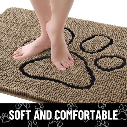 Smiry Dog Door Mat for Muddy Paws, Absorbent Dirt Trapper Non Slip Quick Dry Washable Chenille Mat for Mud Dogs, Entry Rug for Indoor and Outdoor (48x30 Inches, Camel and Black)