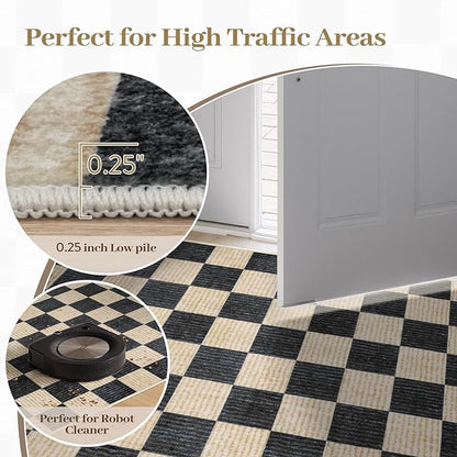 LIVEBOX 4x6 Washable Area Rug Checkered, Non-Slip Small Entryway Rug Black Farmhouse Neutral Classic Geometric Boys Rug for Bedroom Living Room Low-Pile Carpet for Indoor Kitchen Bathroom(Black 4'x6')