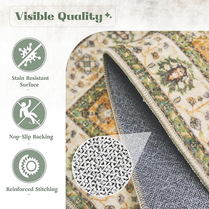 Area Rug 9x12 Washable Rug, Vintage Boho Medallion Rugs Non-Slip Soft Low Pile Large Distressed Rug Indoor Retro Carpet for Living Room Bedroom Dining Room Home Office (Vintage Green, 9'x12')
