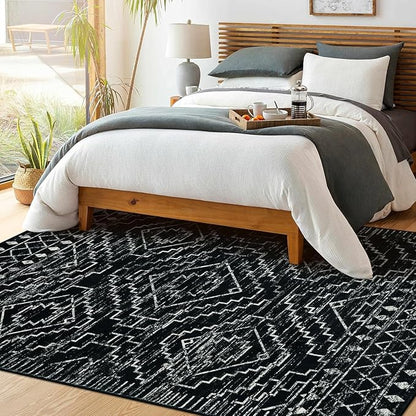 Wonnitar Moroccan Washable Area Rug 5x7, Black Large Rug for Living Room, Non-Slip Boho Bedroom Throw Mat, Low Pile Stain Resistant Geometric Floor Carpet for Dining Table Kitchen Dorm (Black,5'x7')