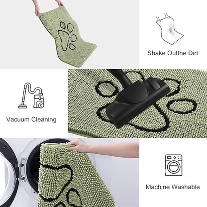 Smiry Dog Door Mat for Muddy Paws, Absorbent Dirt Trapper Non Slip Quick Dry Washable Chenille Mat for Mud Dogs, Entry Rug for Indoor and Outdoor (30x20 Inches, Sage Green and Black)