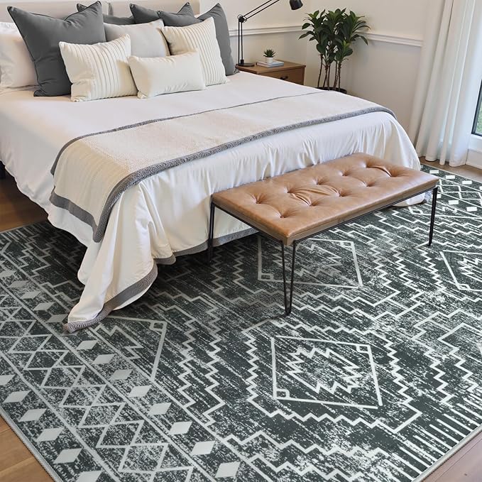 Wonnitar Moroccan 8x10 Area Rugs for Living Room, Washable Large Grey Rug for Bedroom, Non-Slip Soft Thin Stain Resistant Boho Tribal Floor Carpet for Dining Guest Room Office (Dark Grey,8'x10')