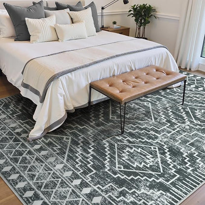 Wonnitar Moroccan 8x10 Area Rugs for Living Room, Washable Large Grey Rug for Bedroom, Non-Slip Soft Thin Stain Resistant Boho Tribal Floor Carpet for Dining Guest Room Office (Dark Grey,8'x10')